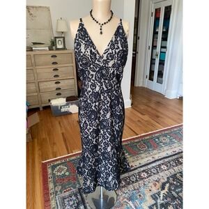 Dress The Population Black Nude Floral Lace V-Neck Flounce Midi Dress XL